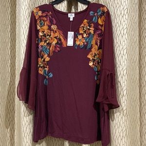 New DressBarn Maroon Floral Blouse Sz 1X